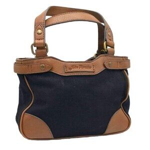 John Romaine Canvas Handbag Black Tan Zip Magnetic Closure Vegan Leather Vintage